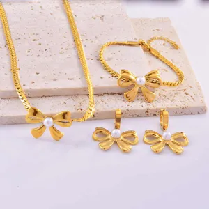 مجموعة أقراط وسوار من اللؤلؤ - New Stainless Steel Pearl Bow Necklace