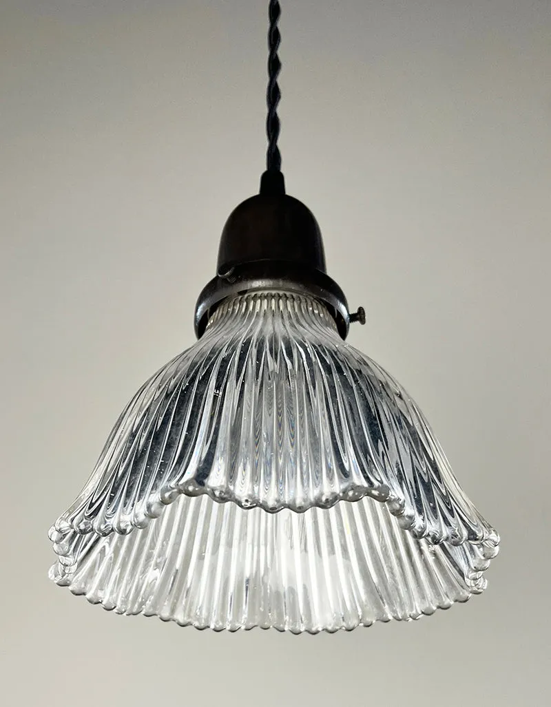 $400 PAIR - Circa 1910 Holophane Ruffle Shades with Custom Black Cord Pendants