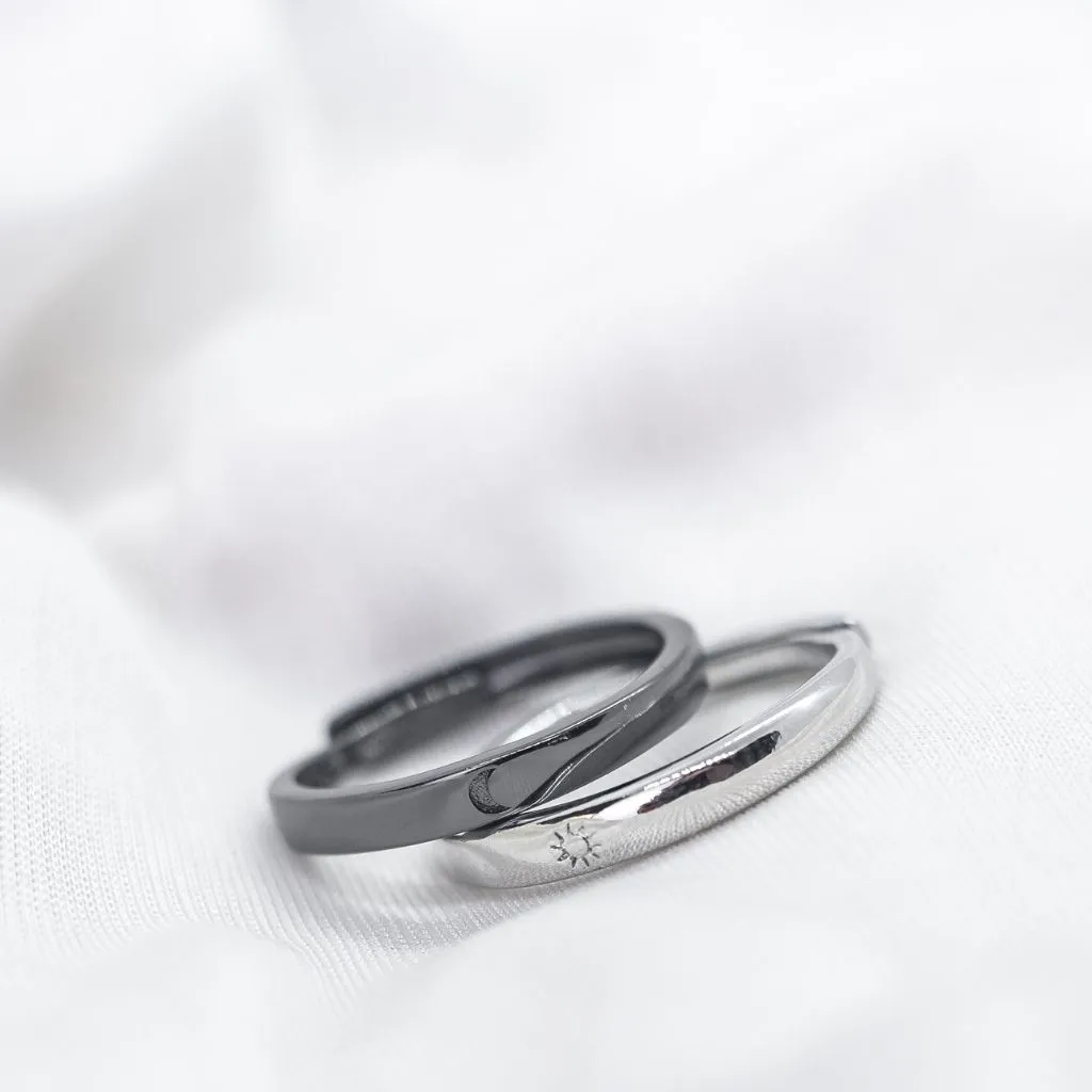 Adjustable Sterling Silver Couple Moon and Sun Promise Ring set