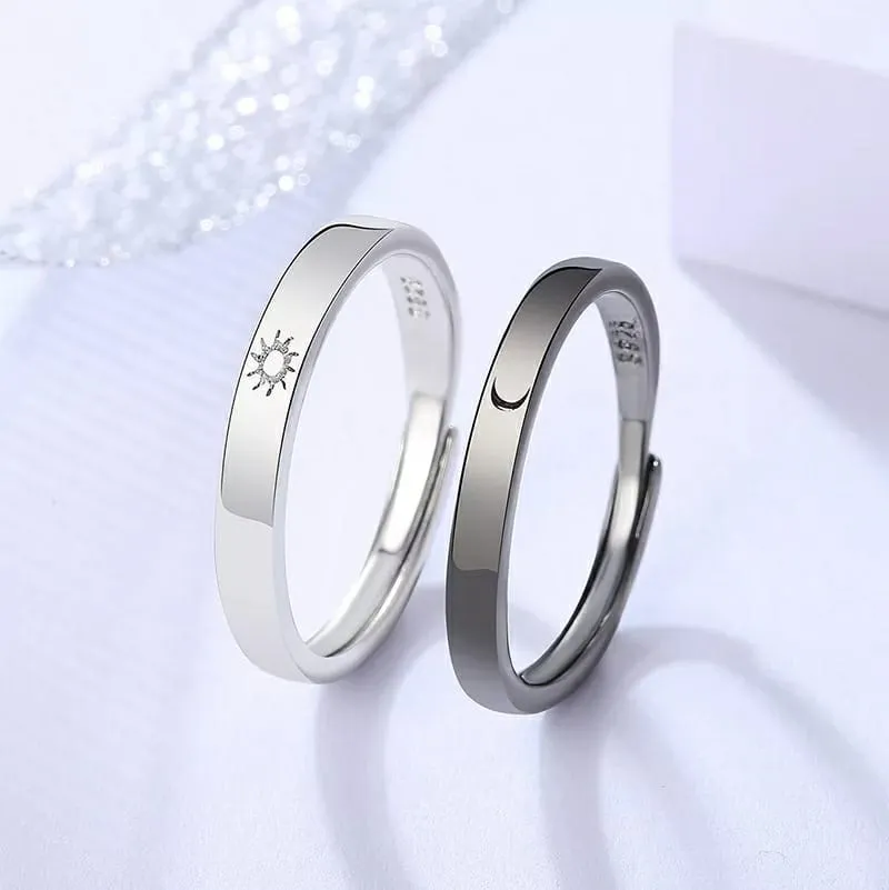 Adjustable Sterling Silver Couple Moon and Sun Promise Ring set
