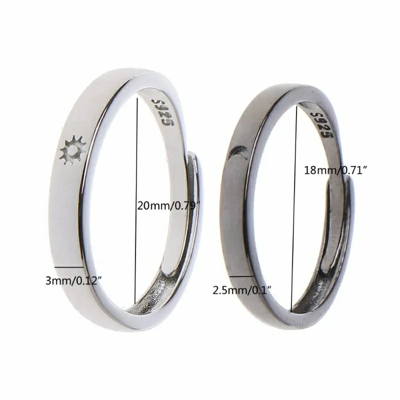 Adjustable Sterling Silver Couple Moon and Sun Promise Ring set