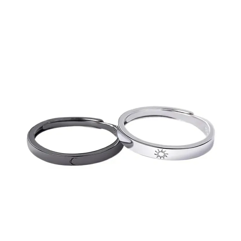 Adjustable Sterling Silver Couple Moon and Sun Promise Ring set