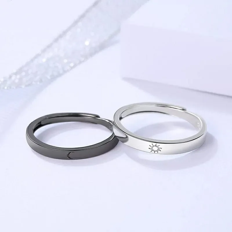 Adjustable Sterling Silver Couple Moon and Sun Promise Ring set