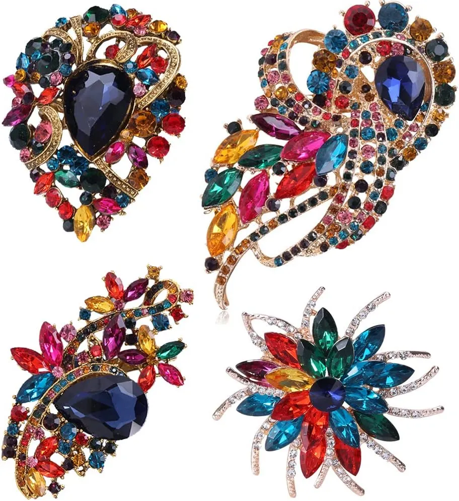 Ezing 4Pcs Brooch Lot with Large Big Size Rhinestone Crystal Fashion Jewelry