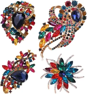 Ezing 4Pcs Brooch Lot with Large Big Size Rhinestone Crystal Fashion Jewelry