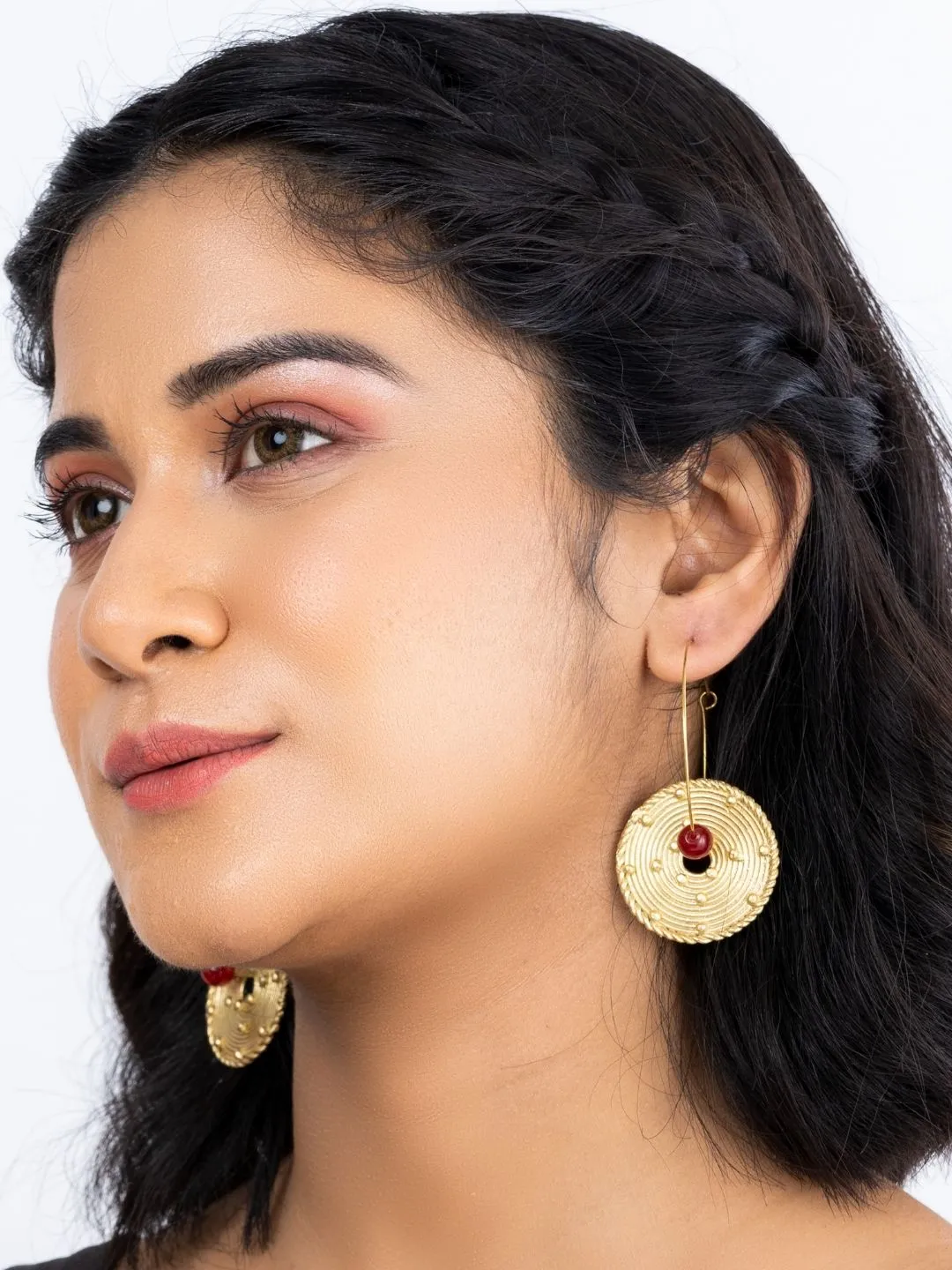 Gold and Red Circle Brass Dangling Earring Golden