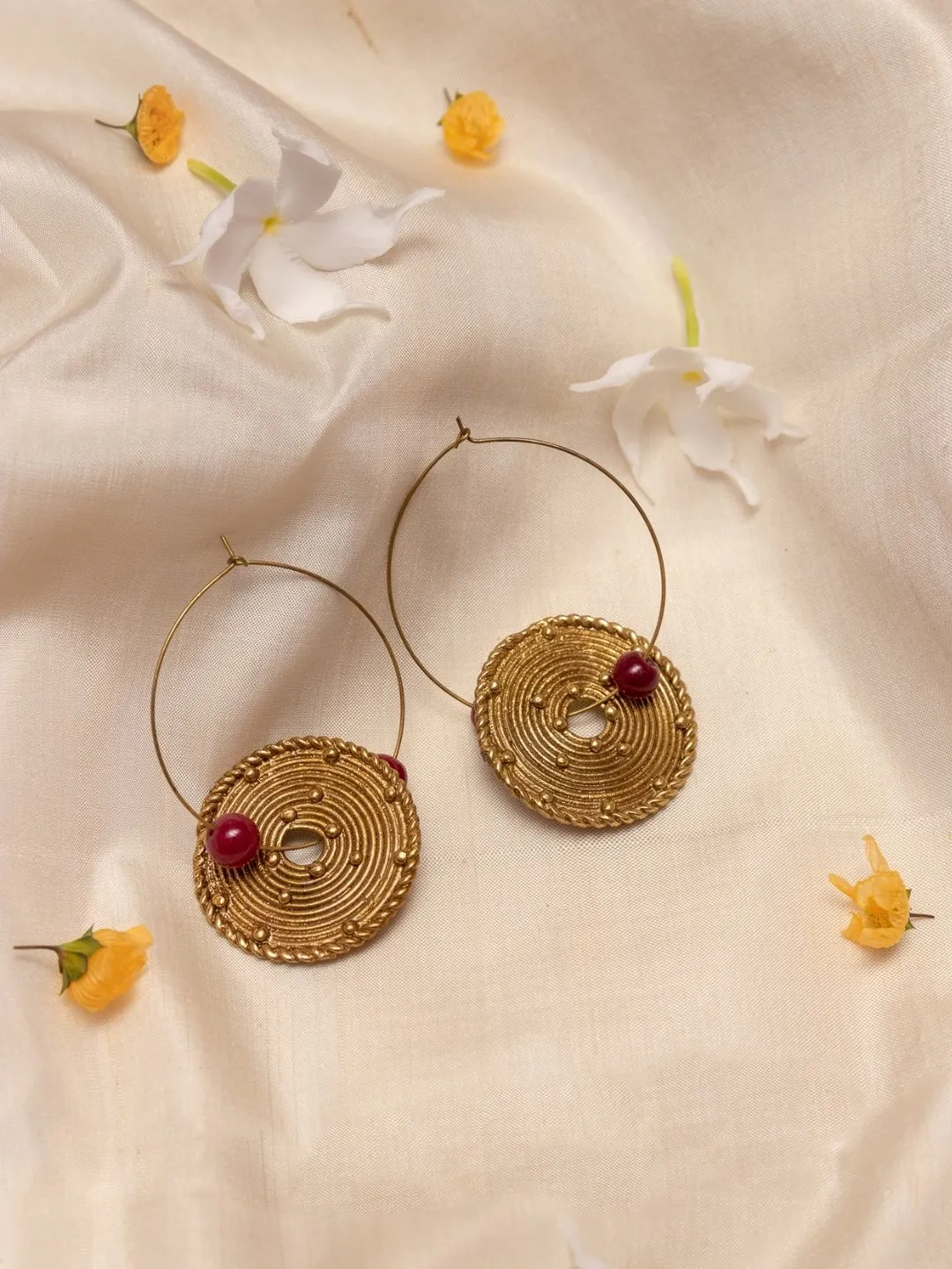 Gold and Red Circle Brass Dangling Earring Golden