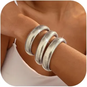 Gold Bangles for Women Set of 3 Chunky Stretch Bangles Bracelets 24K Gold Plated Stainless Steel Bracelets Flexible Wide Stack Bracelets Designer Look Alike Jewelry for Women