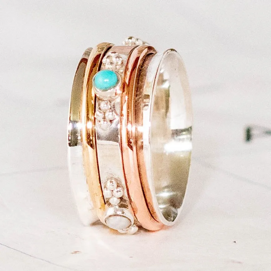 Pearl & Turquoise Sterling Silver Meditation Ring - India