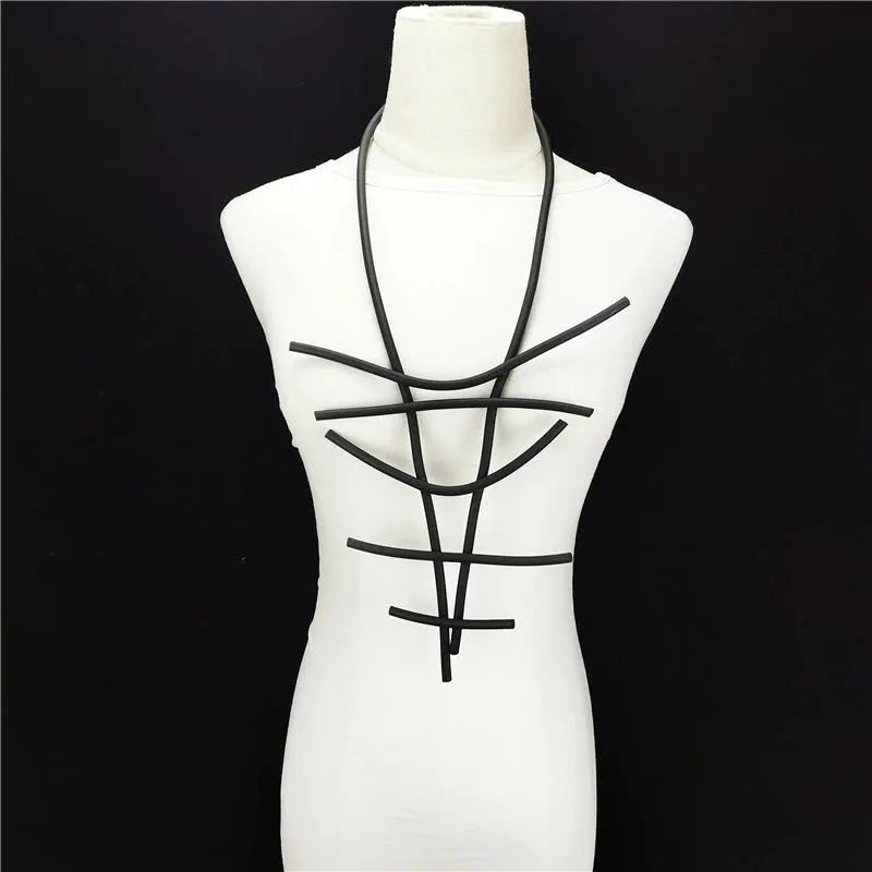 Recycled Rubber and Silicone Long Geometric Statement Necklace Black
