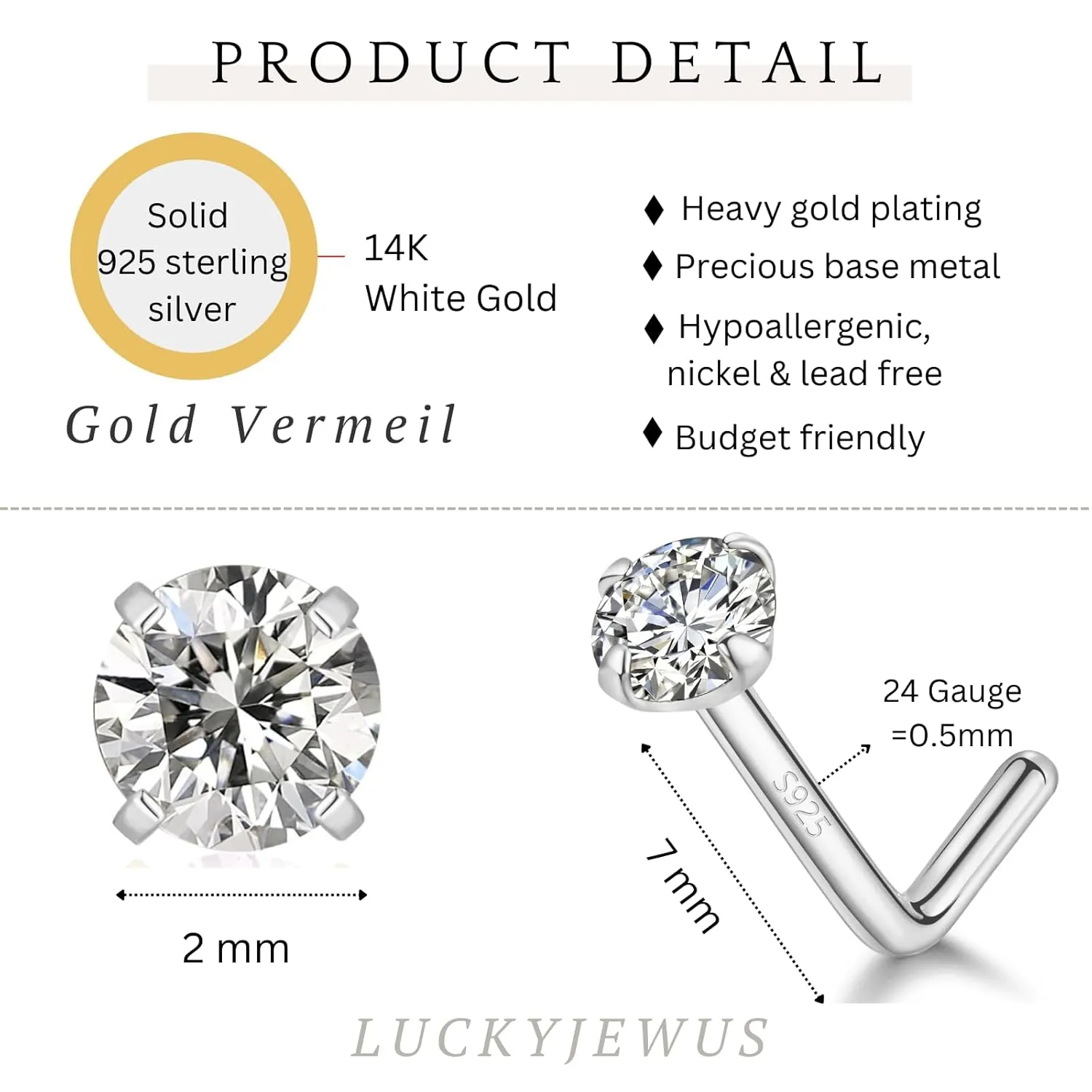 Sterling Silver Nose Rings Studs for Women Men 18g 20g 22g 24g L Shaped Nose Stud Nose Piercing Jewelry (2mm CZ, 24 gauge)