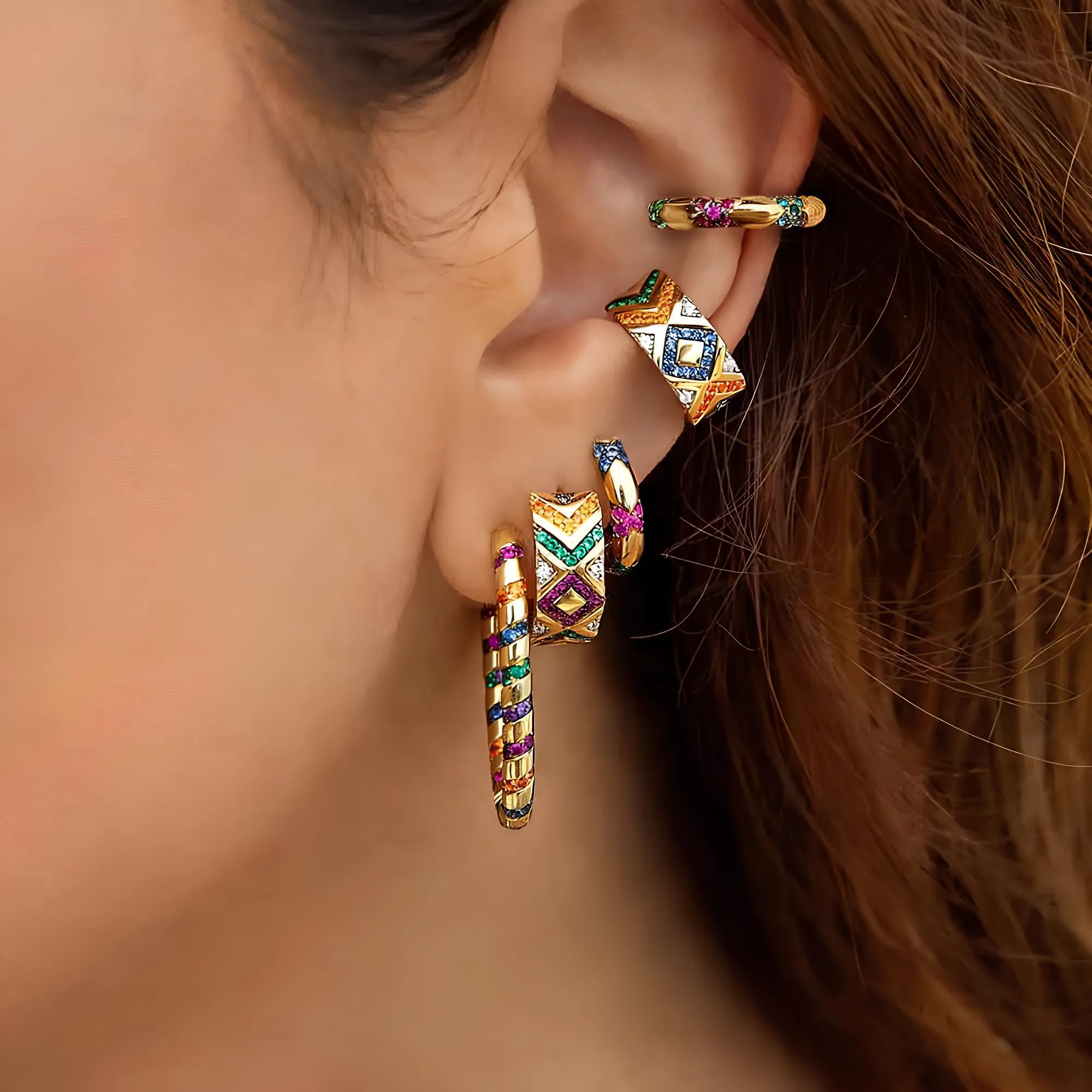 Trendy Geometric Colorful Crystal C Shape Clip-On Earrings