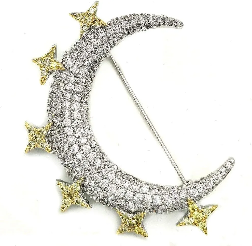 Victorian Vintage Small Golden Stars Crescent Moon Brooches Pins Planet Jewelry