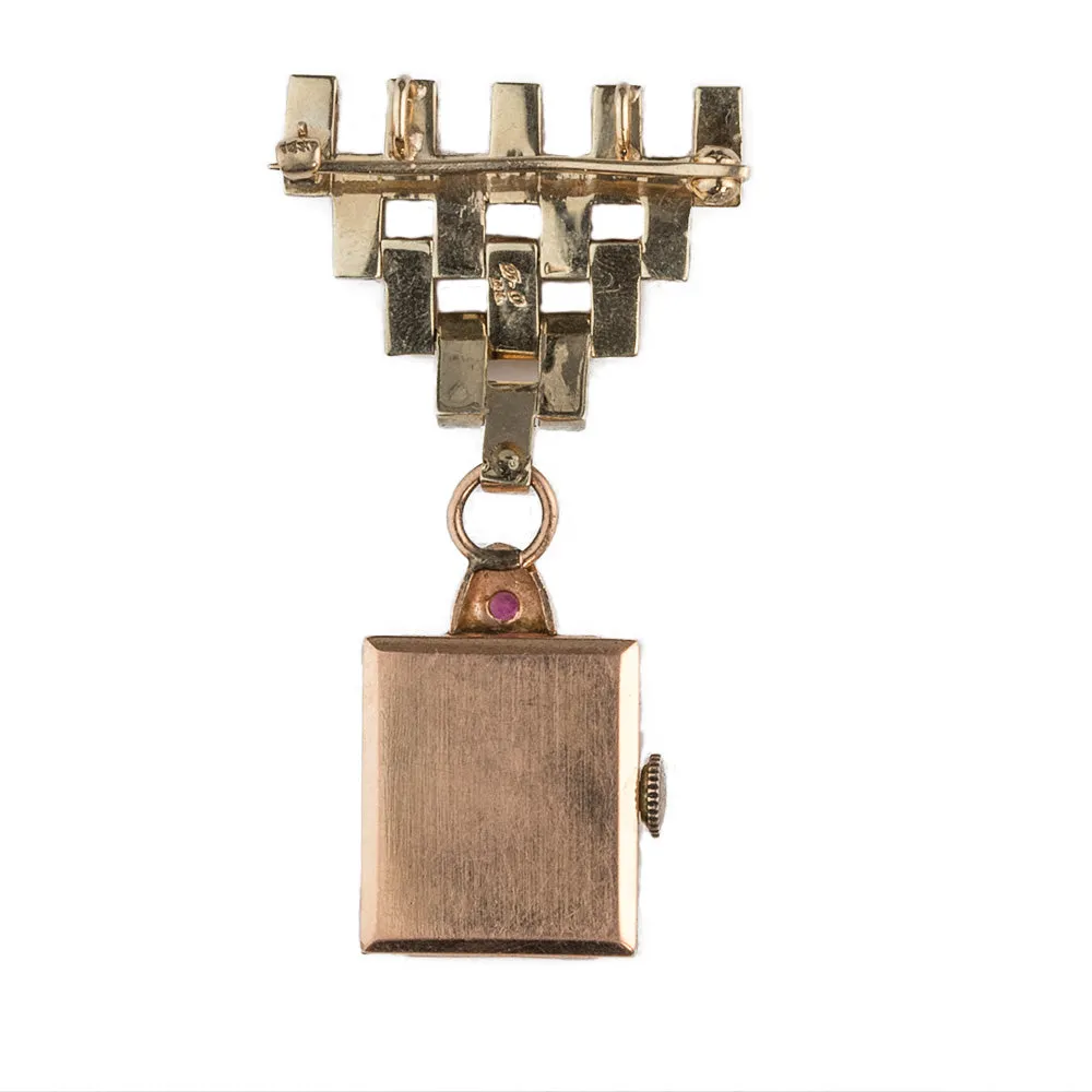 wavn104- Retro 14k white and rose gold watch pin with natural Burmese ruby marked "D-O".