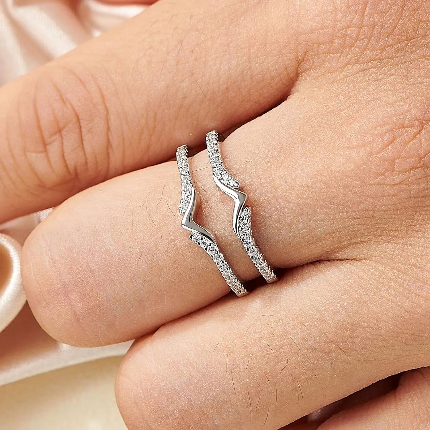Wedding Ring Guard Enhancers Engagement Rings for Women Stackable Cubic Zirconia Half Eternity Curved Bands 925 Sterling Silver Size 5-10